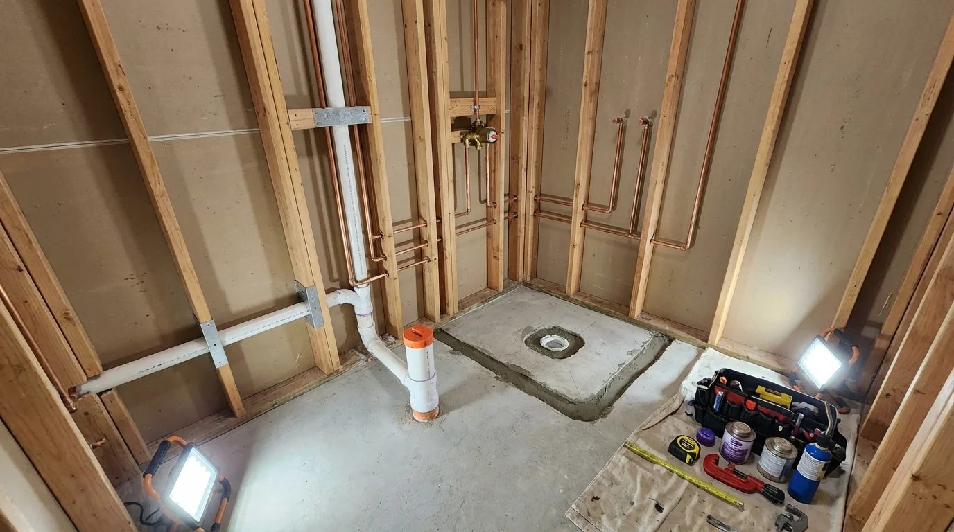 Bathroom rough-in plumbing during remodel by Johns Plumbing LLC in Portland
