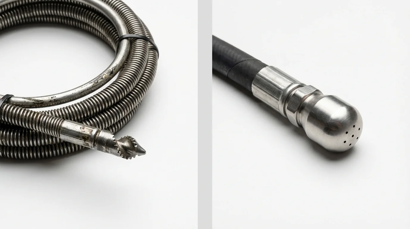 Drain snake cable and hydro jetting nozzle used for drain cleaning in Portland, ME
