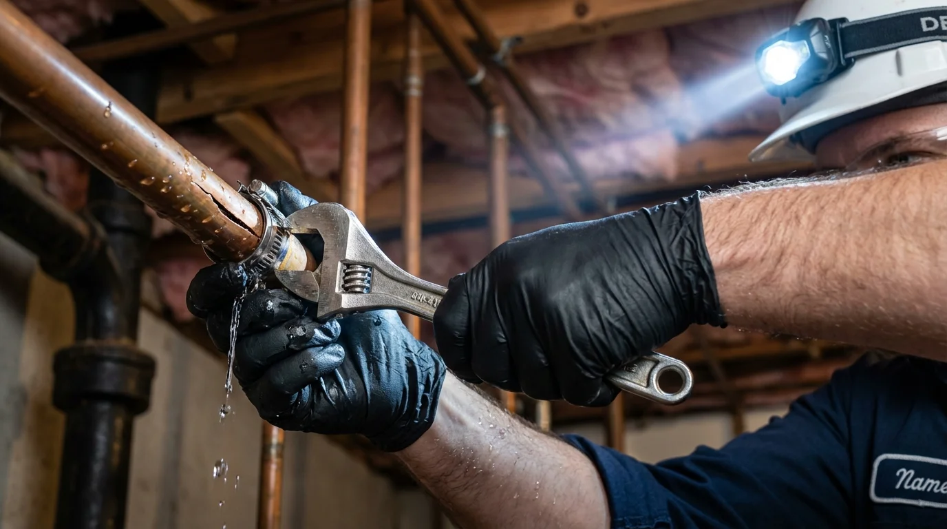 Emergency pipe clamp repair being performed by a Johns Plumbing LLC plumber in Portland