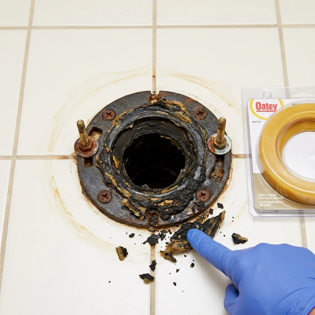 Failed wax ring showing water seepage at the base of a toilet in a Portland, ME home