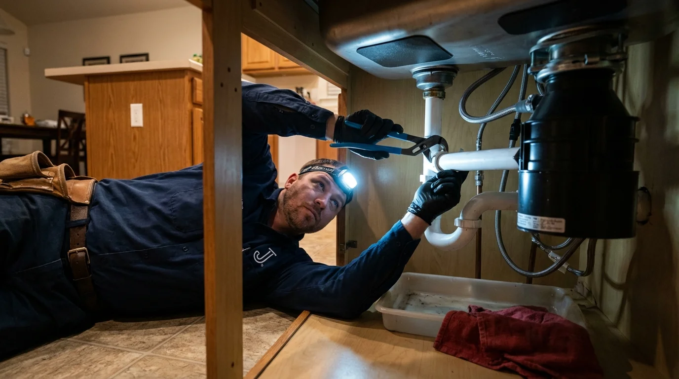 P-trap and supply line connections under a kitchen sink showing a common leak point in Portland, ME